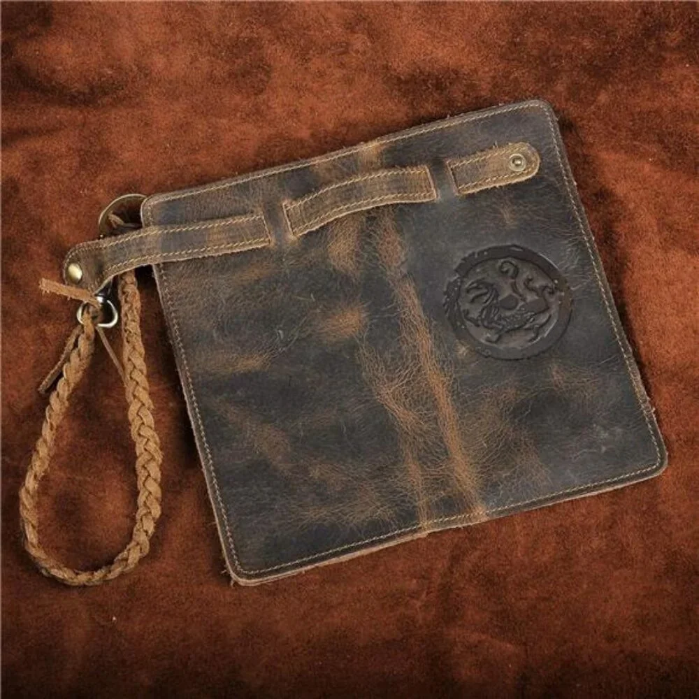 Mens Genuine Leather Bifold Wallet Organizer Checkbook Removable Chain Wallet